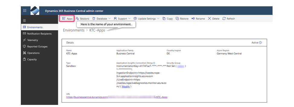 Image : Selection of the environment in the Dynamics 365 Business Central Admin Center
